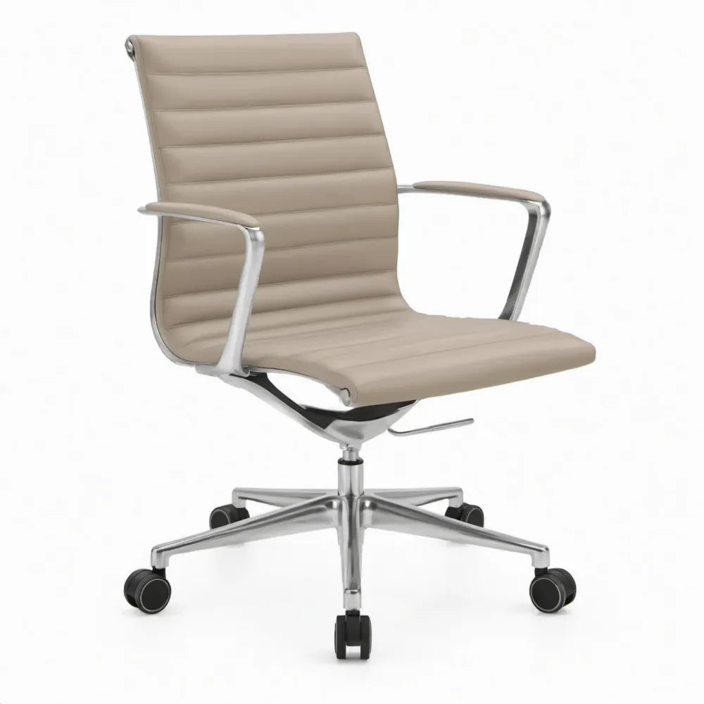 Draaibare bureaustoel met hoge rugleuning, taupe PU-kunstleer en aluminium, 60 x 60 x 112-122 cm