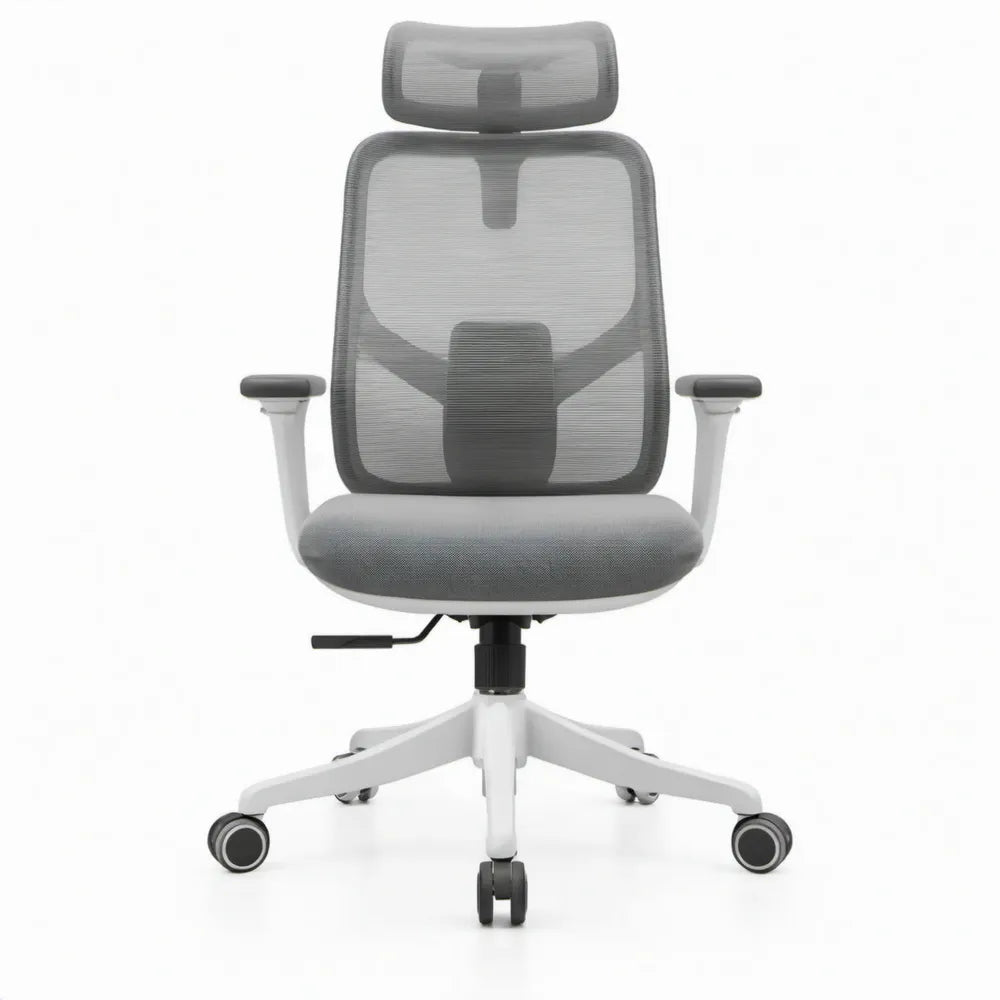 Ergonomische bureaustoel met verstelbare hoofdsteun en armleuningen, grijs/wit, 64 x 64 x 117-127 cm