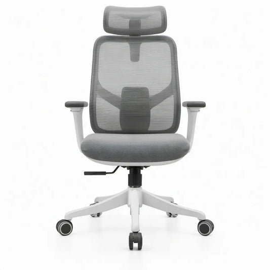 Ergonomische bureaustoel met verstelbare hoofdsteun en armleuningen, grijs/wit, 64 x 64 x 117-127 cm