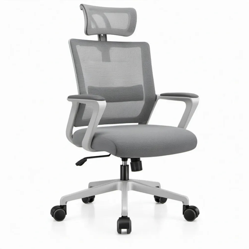 Ergonomische grijze mesh stoel met hoofdsteun, 64 x 64 x 117-127 cm