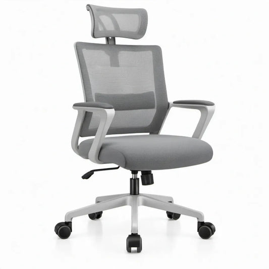 Ergonomische grijze mesh stoel met hoofdsteun, 64 x 64 x 117-127 cm