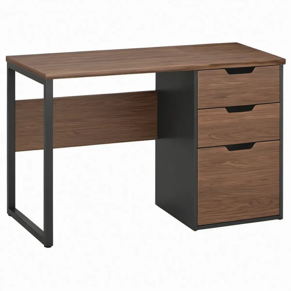 Bureau met 3 laden 120 x 60 x 75 cm walnootbruin en zwart