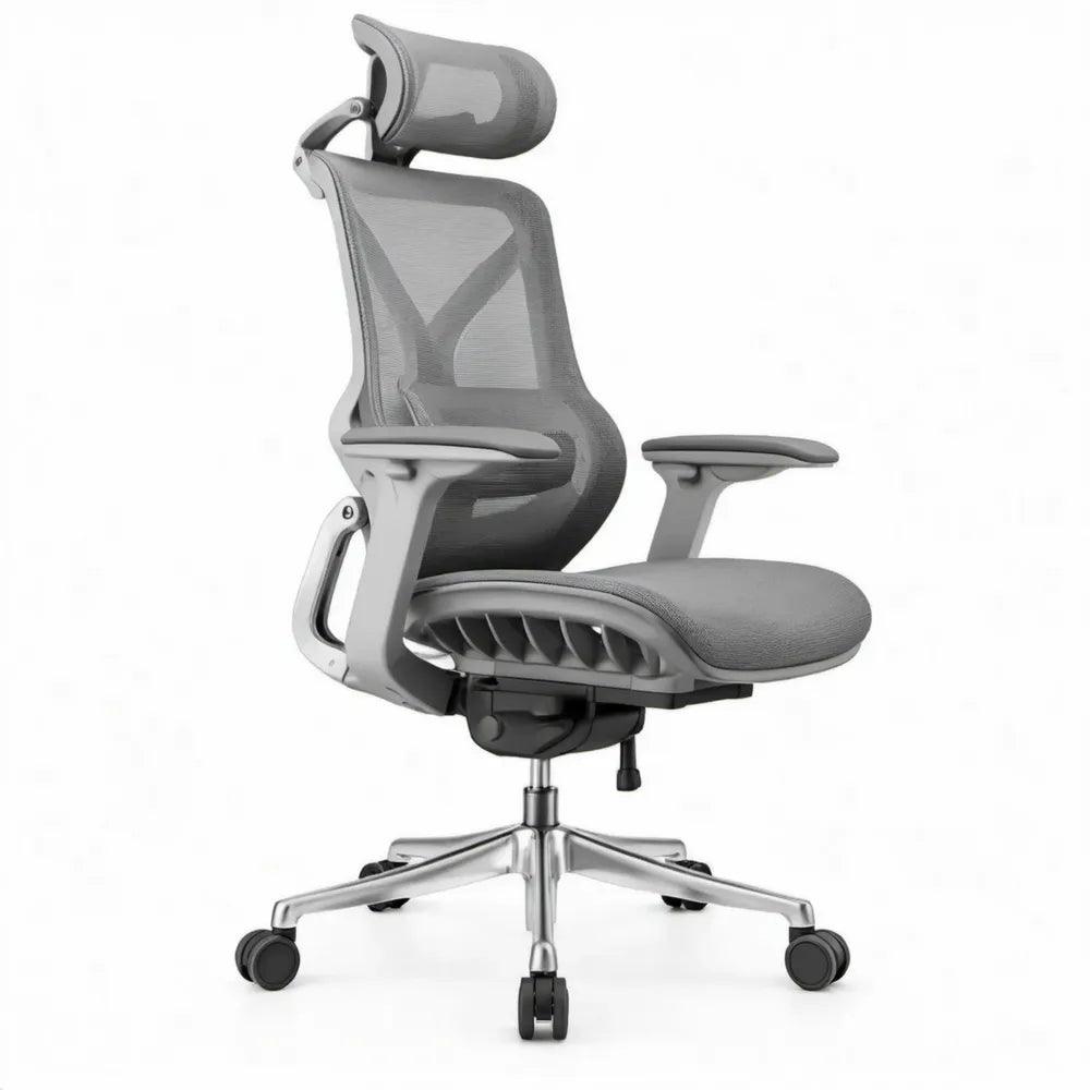 Ergonomische bureaustoel met hoofdsteun, verstelbare armleggers en mesh rugleuning, 66 x 66 x 118-128 cm, Grijs/Zilver