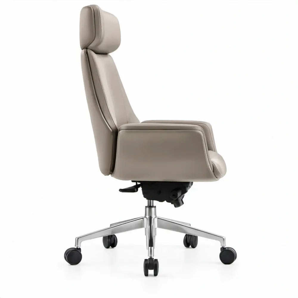 Ergonomische bureaustoel van taupe PU-kunstleer met hoge rugleuning en hoofdsteun, 68 x 68 x 118-128 cm
