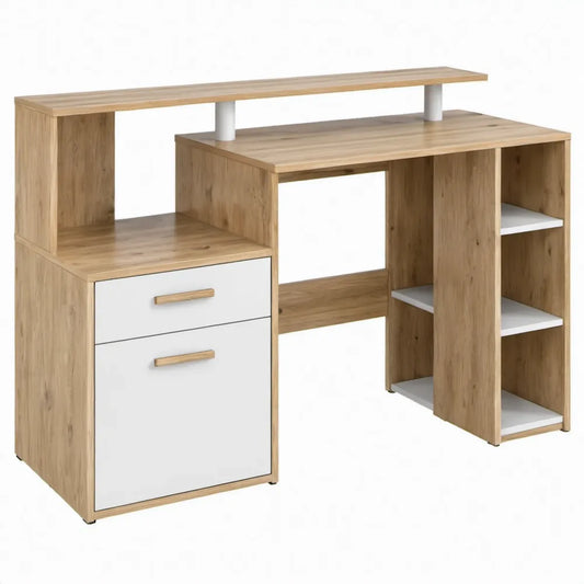 Eik-wit meubel met 2 laden, 3 open vakken en verhoogd bovenblad, 120 x 60 x 90 cm