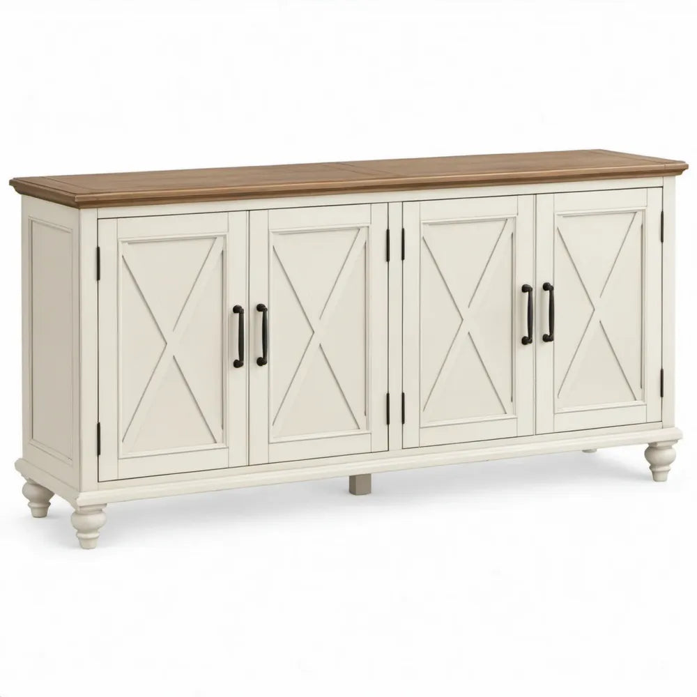 Landelijk dressoir met 4 deuren, 160 x 40 x 85 cm, crème/bruin/zwart, MDF