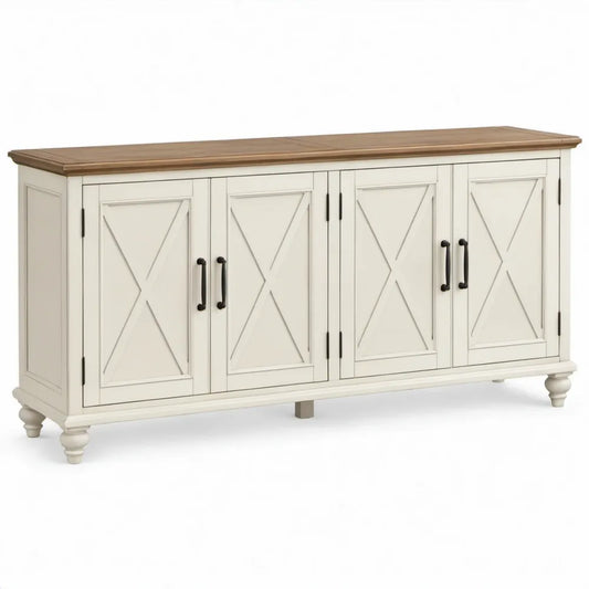 Landelijk dressoir met 4 deuren, 160 x 40 x 85 cm, crème/bruin/zwart, MDF