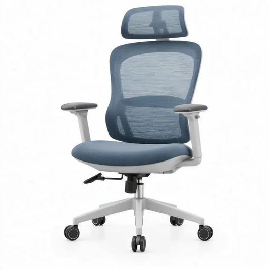 Ergonomische draaistoel met verstelbare hoofdsteun en armleuningen, blauw/grijs/zwart, 64 x 64 x 118-128 cm