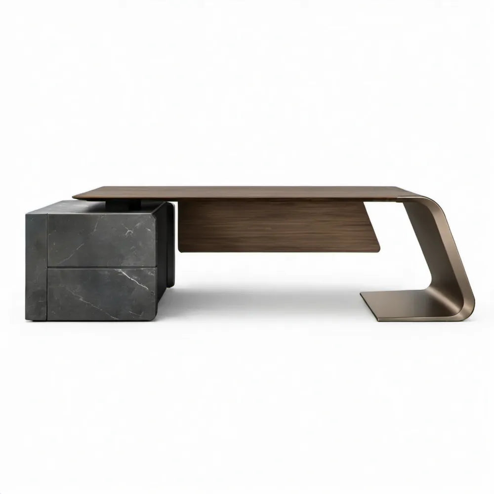 Modern directiebureau met 2 laden, 200 x 90 x 75 cm, walnootbruin/donkergrijs/bruinzwart