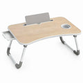 Opvouwbare laptoptafel 60 x 40 x 28 cm met tabletstandaard, bekerhouder en zijlade – Licht eiken/Wit/Grijs