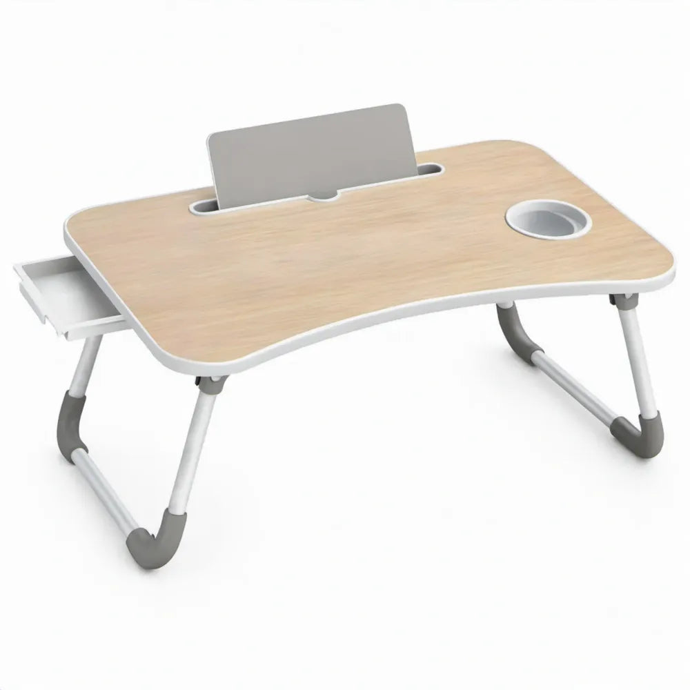 Opvouwbare laptoptafel 60 x 40 x 28 cm met tabletstandaard, bekerhouder en zijlade – Licht eiken/Wit/Grijs