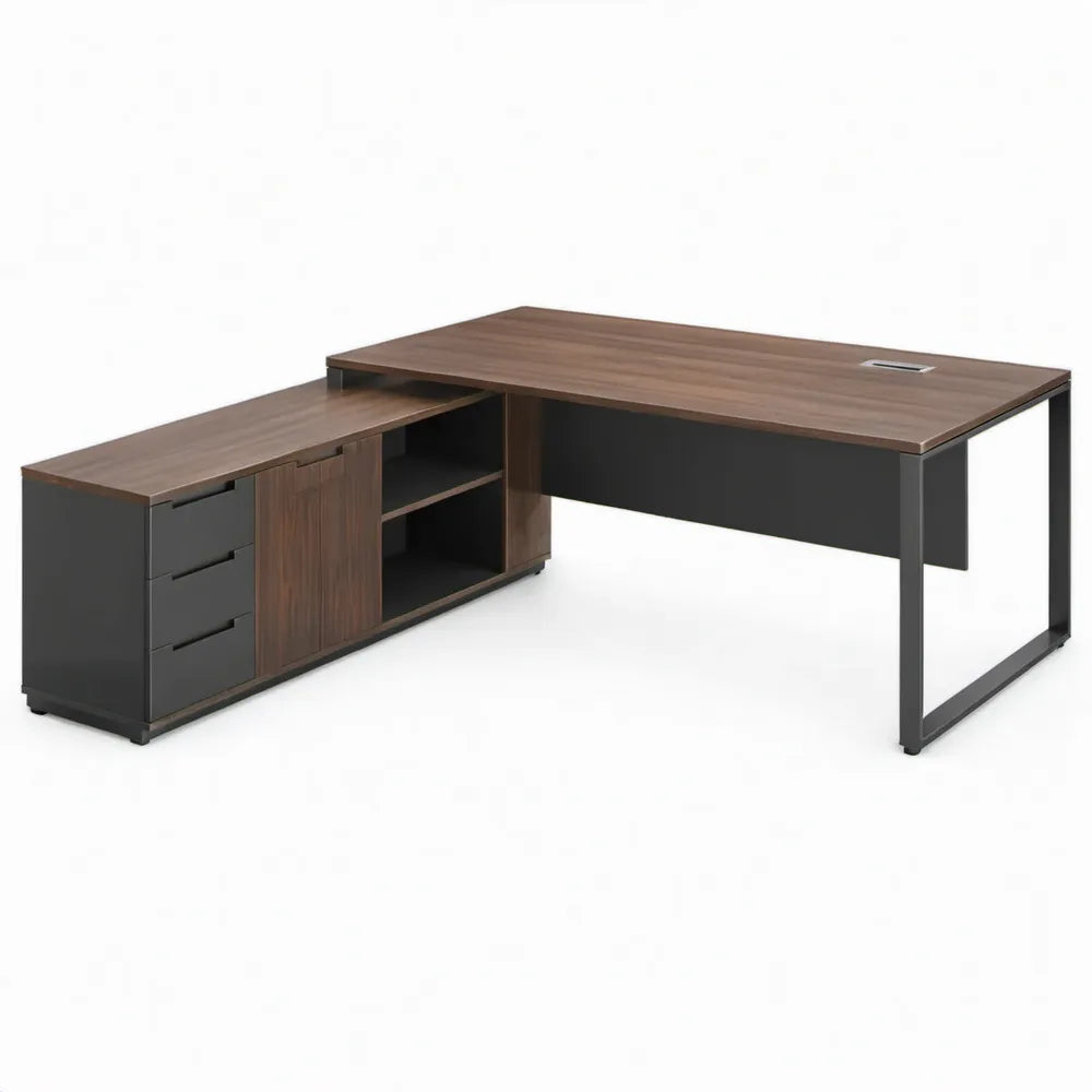 L-vormig bureau met ladeblok 180 x 160 x 75 cm – Walnootbruin/Zwart