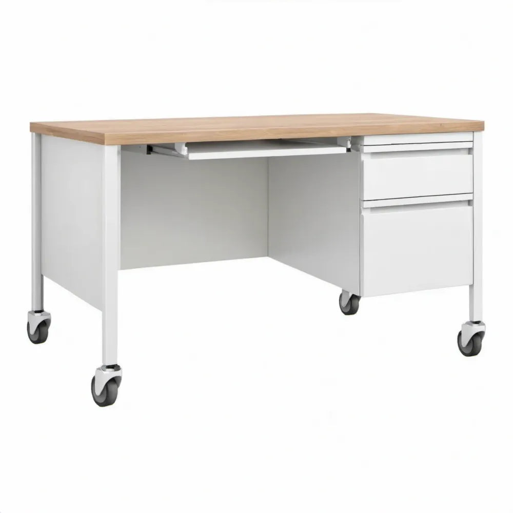 Verrijdbaar bureau met 2 laden en uitschuifbare toetsenbordlade 120 x 60 x 74 cm Wit/Naturel