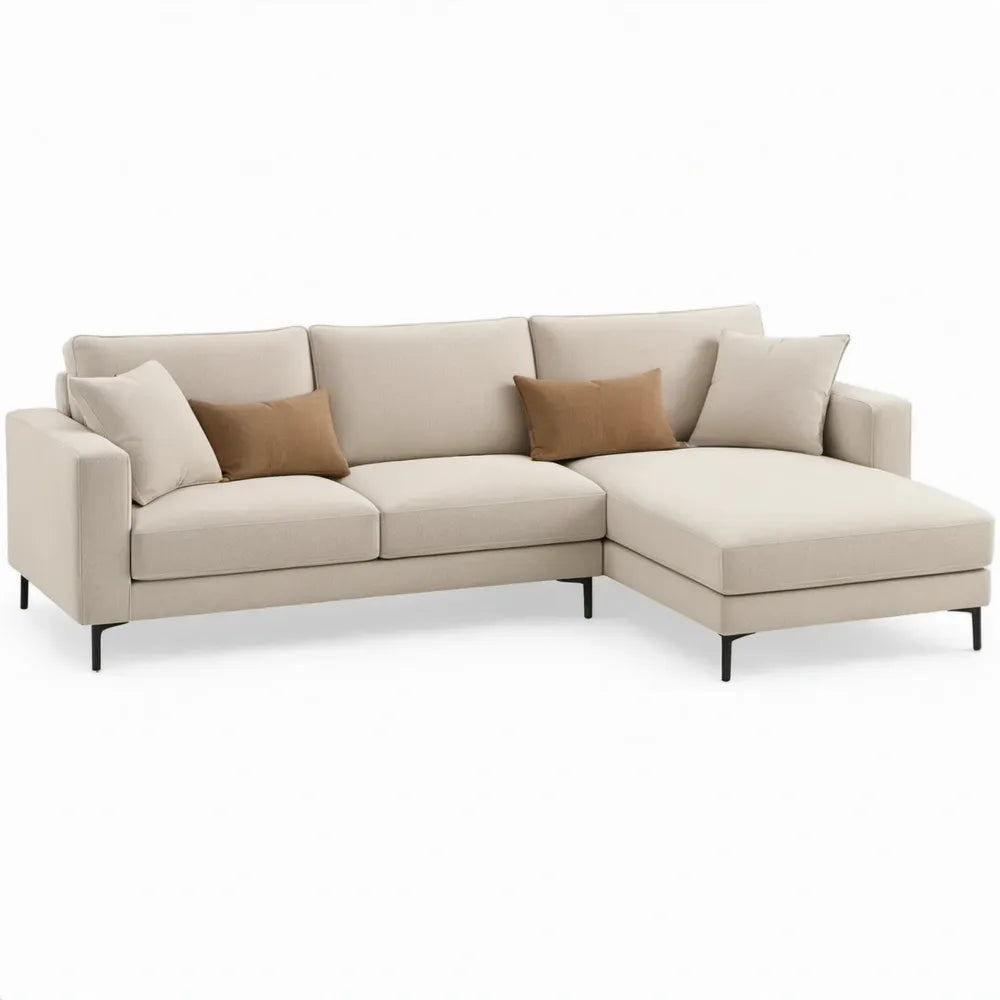 Moderne hoekbank met chaise longue rechts, 260 x 160 x 85 cm, crème met zwarte stalen poten