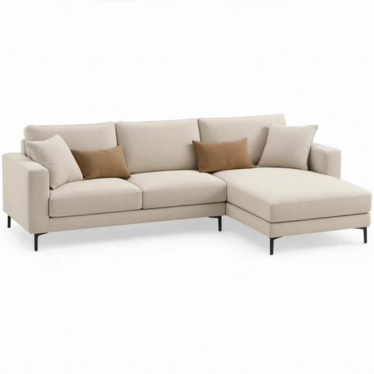 Moderne hoekbank met chaise longue rechts, 260 x 160 x 85 cm, crème met zwarte stalen poten