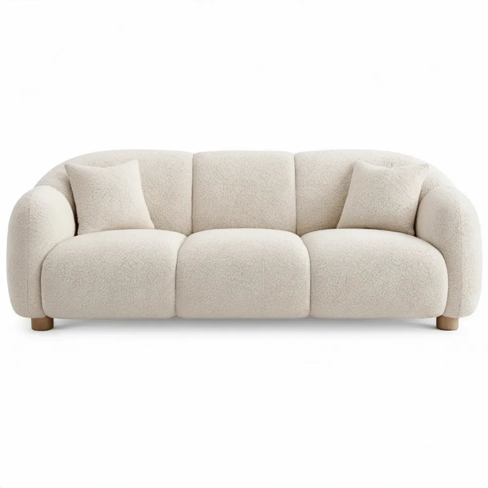 Gebogen 3-zitsbank van crèmekleurige bouclé, 220 x 95 x 78 cm