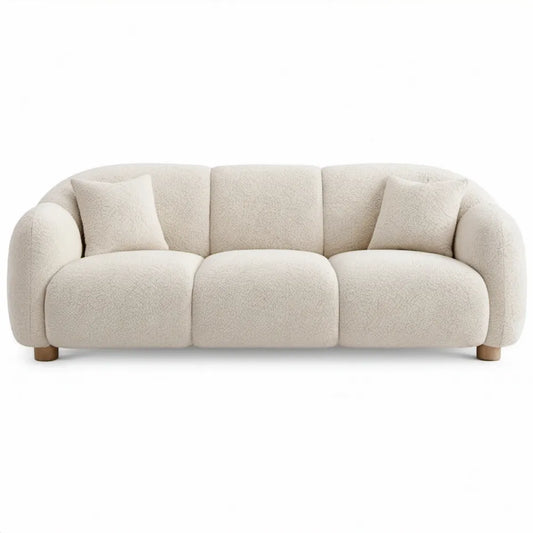 Gebogen 3-zitsbank van crèmekleurige bouclé, 220 x 95 x 78 cm