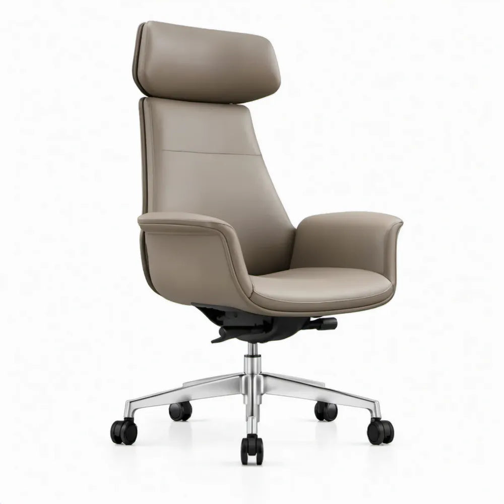 Ergonomische bureaustoel van taupekleurig PU-kunstleer met hoofdsteun en wielen, 68 x 68 x 118-128 cm