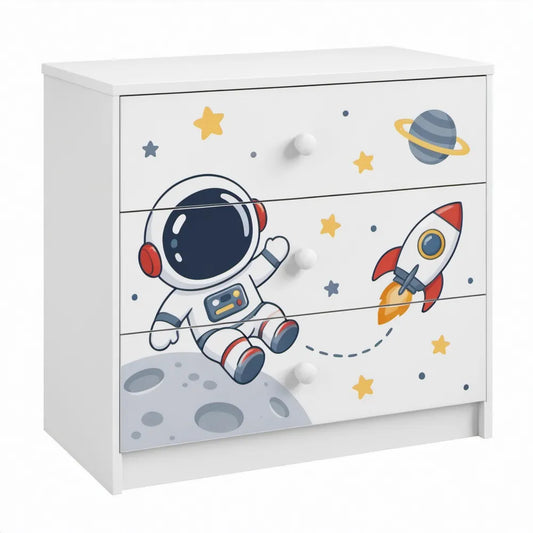 Kindercommode met 3 laden, ruimtevaartmotief, 60 x 40 x 80 cm, wit