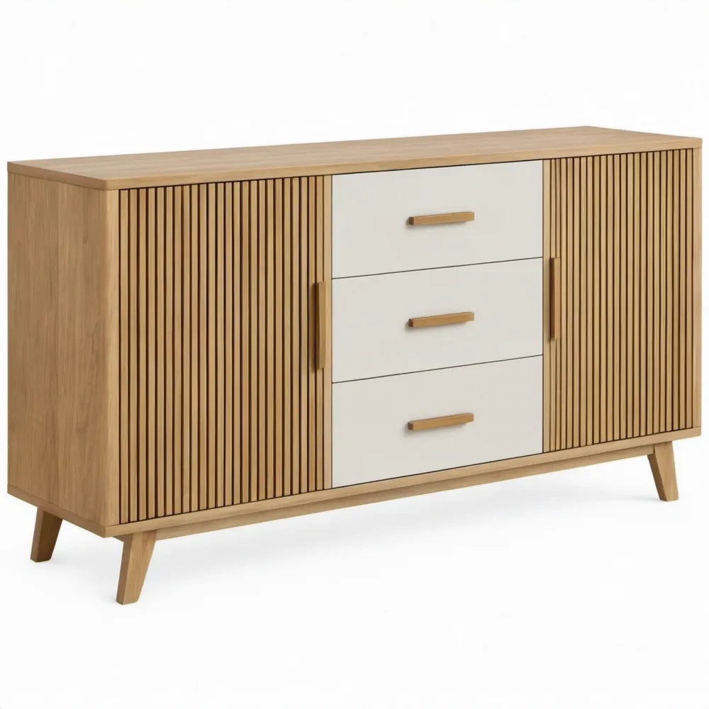 Dressoir met 2 deuren en 3 laden, 140 x 40 x 85 cm, naturel eiken en crème