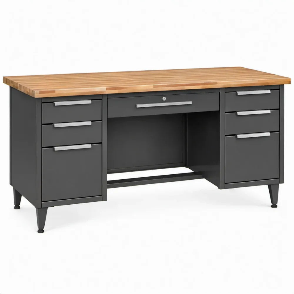 Bureau met 7 laden, 152,4 x 76,2 x 76,2 cm, zwart met naturel rubberhouten werkblad