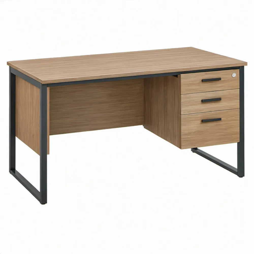 Bureau met 3 lades en slot, 140 x 60 x 75 cm, eikenkleurig/zwart