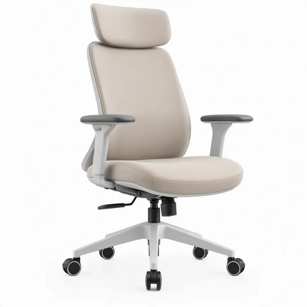 Ergonomische bureaustoel met hoofdsteun en kunstleren bekleding, beige/lichtgrijs/zwart, 66 x 66 x 118-128 cm