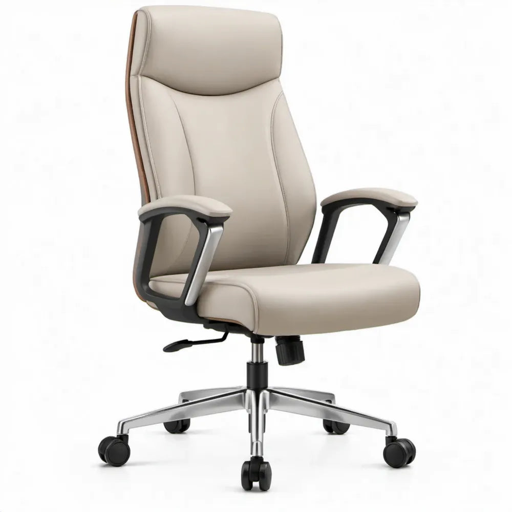 Ergonomische bureaustoel met hoge rugleuning en hoofdsteun, beige/zilver/zwart, 65 x 65 x 112-122 cm
